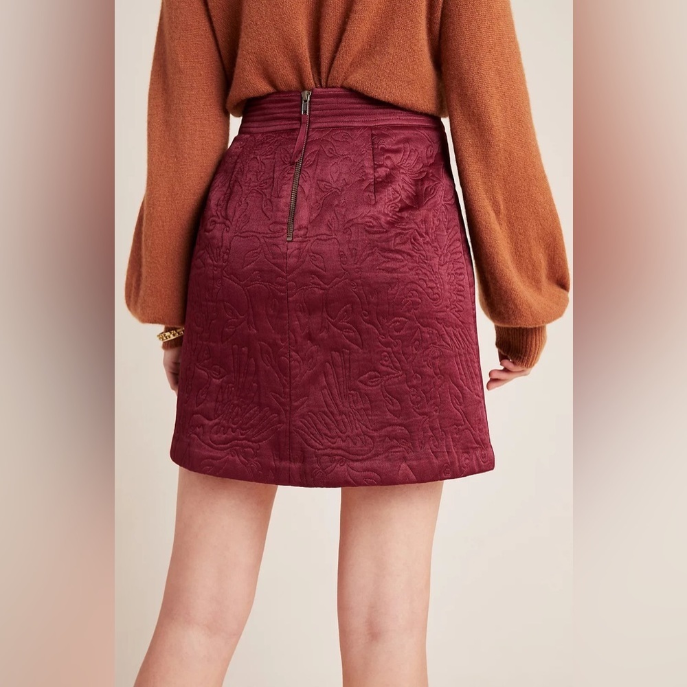 Anthropologie Maeve Burgundy Red Floral Textured Beatrice Quilted Mini Skirt - Picture 10 of 13